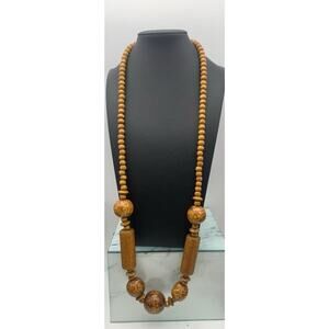 Vintage Unique Colored Chunky Wood Wooden Beaded Necklace Nature Boho Beauty